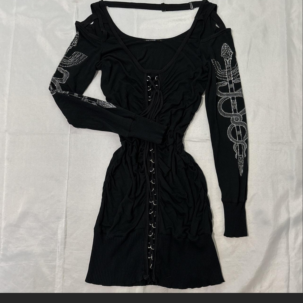 SALVAGE Rare Black Dress With Silver Graohics And Eyelet Closure In Front. L